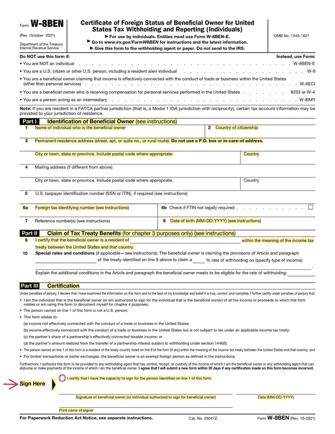 Form W-8BEN (Rev. October 2021)